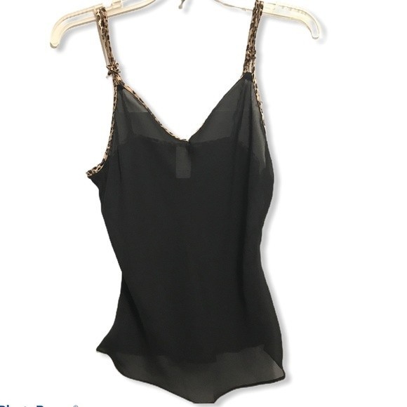 Black Cami Top Black Sheer V neck animal print trimmed bows Detailing size M - Picture 8 of 8